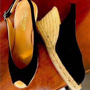 Black suede very comfortable sling back Paseart wedges. Great condition.